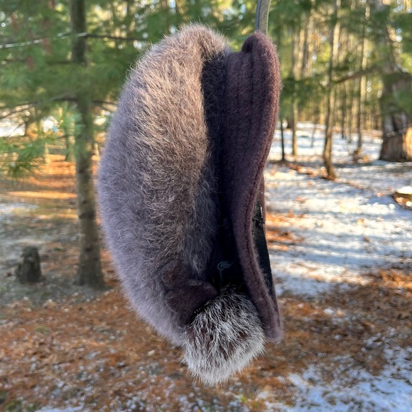 Y2K Angora Rabbit Fur Knit Hat + Genuine Fur Accent Brown - Picture 15 of 16
